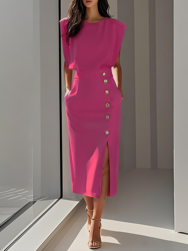 Malene™ | Solid Midi Dress with Button Slit and Round Neckline