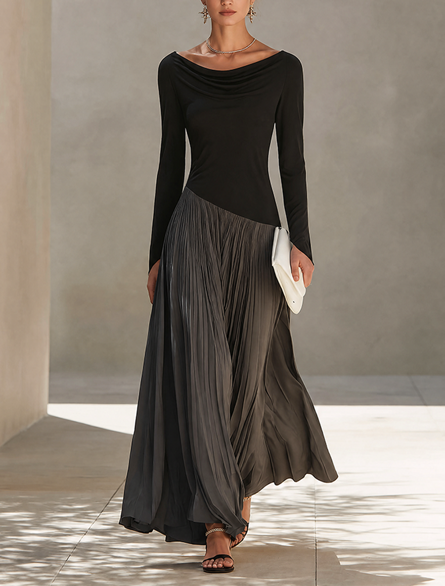 Jade -  Minimalist Two-Tone Color-Block Maxi Dress With Drape Neckline