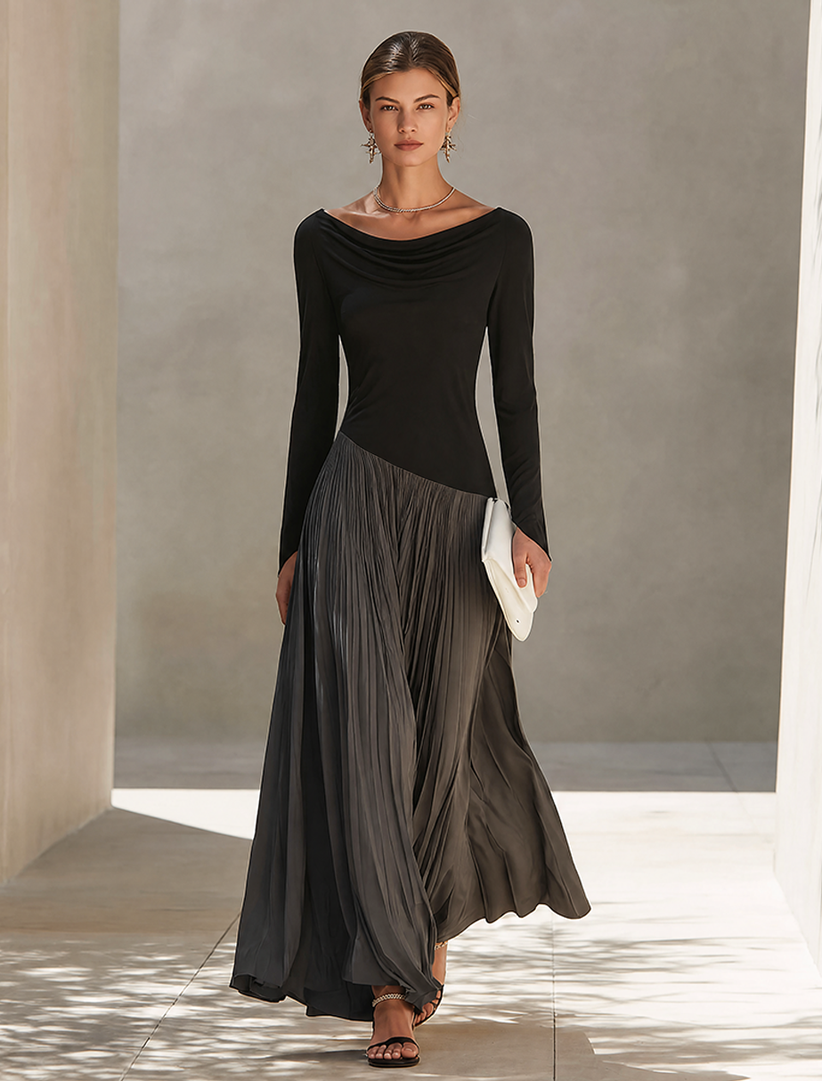 Jade -  Minimalist Two-Tone Color-Block Maxi Dress With Drape Neckline