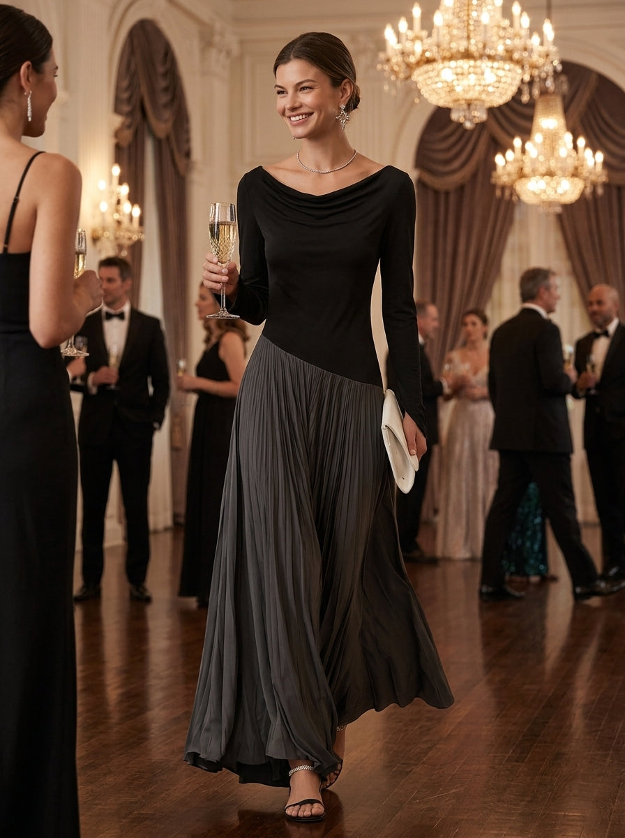 Jade -  Minimalist Two-Tone Color-Block Maxi Dress With Drape Neckline
