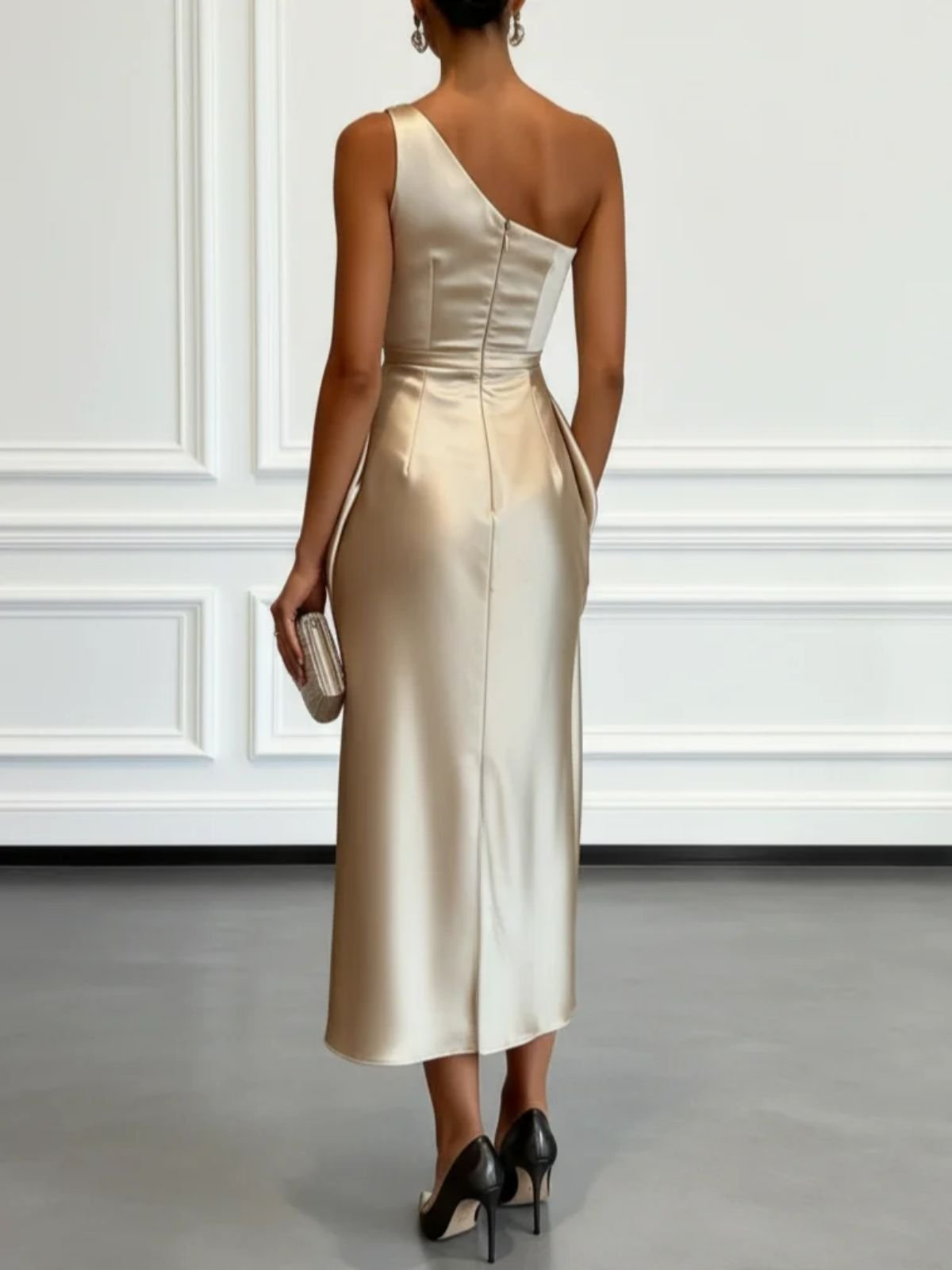 Amelia - Champagne Satin One-shoulder Sleeveless Ruffled Midi Dress