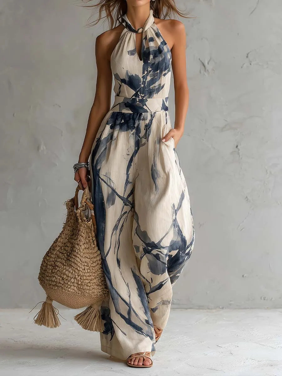 Carol Halter Neck Ink Wash Print Wide Leg Jumpsuit With Pockets