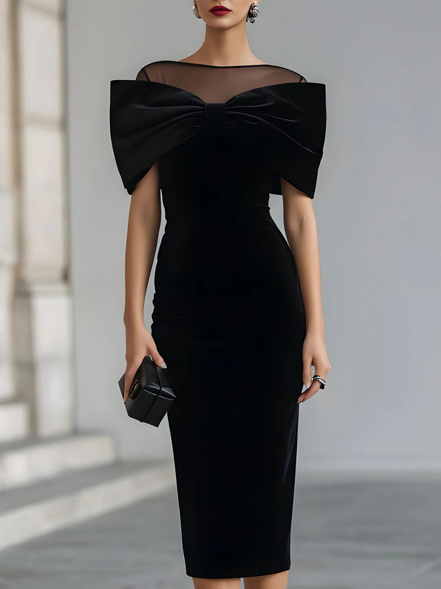 Vivienne | Black Velvet Bow Midi Dress