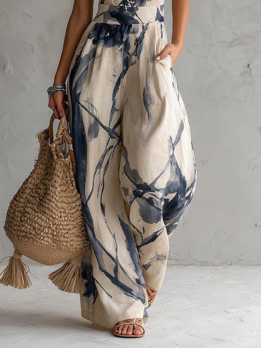 Carol Halter Neck Ink Wash Print Wide Leg Jumpsuit With Pockets