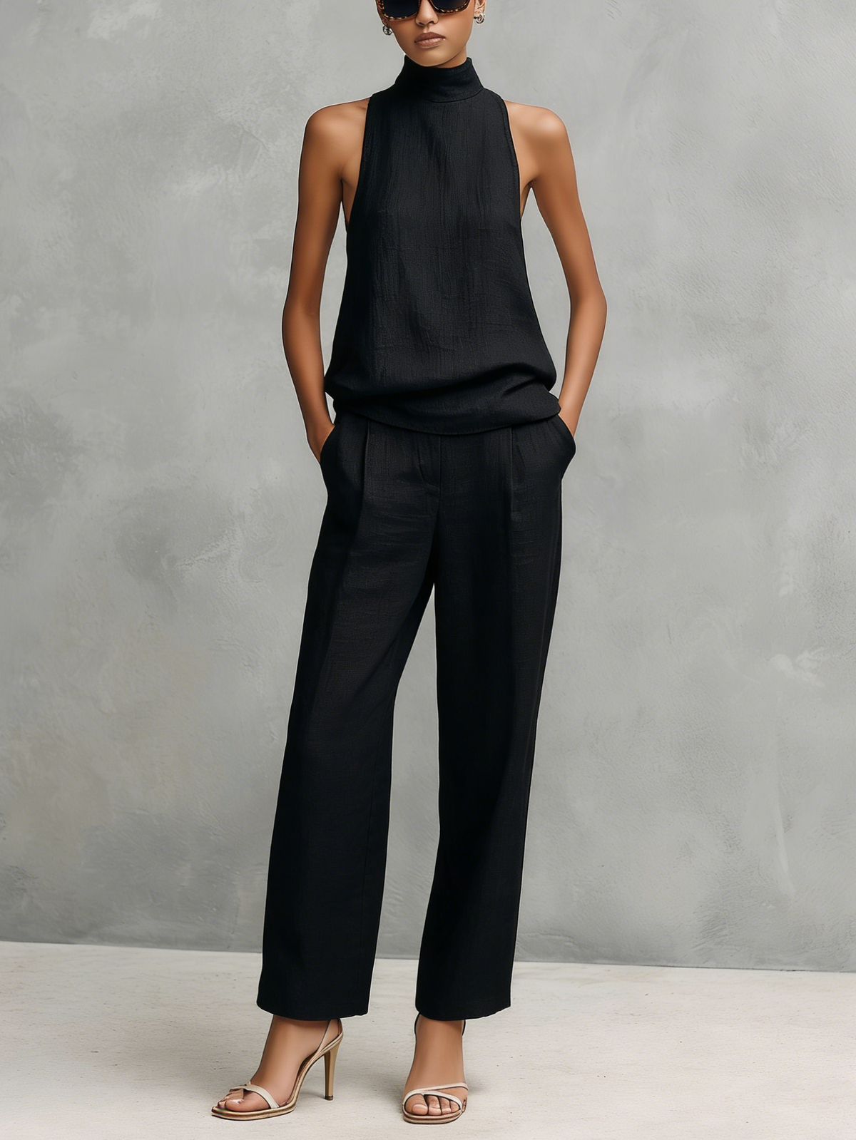 Women's Black Cotton and Linen Elegant Sleeveless Top and Pants Set