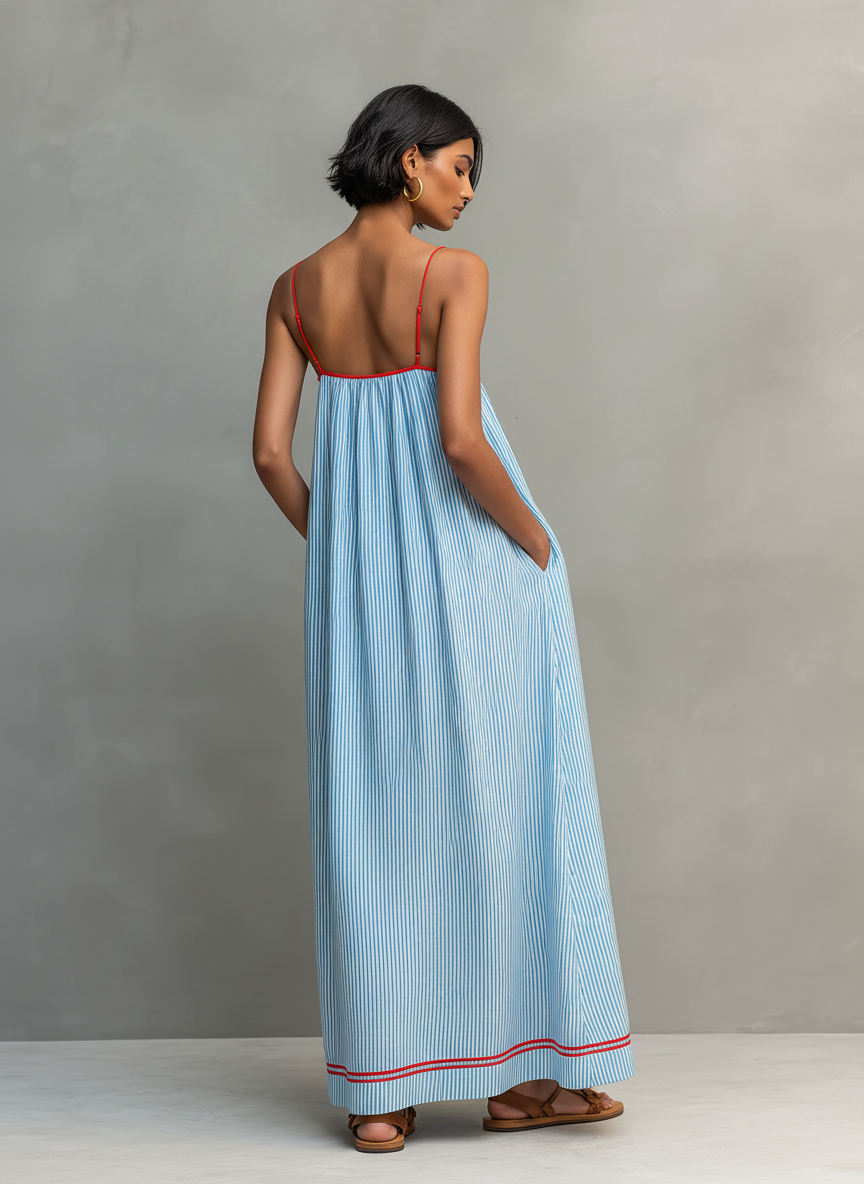 Women's Minimalist Sleeveless Backless Striped Maxi Dress With Red Trim And Spaghetti Straps