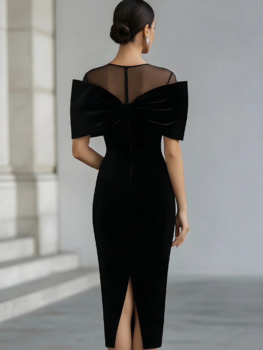Vivienne | Black Velvet Bow Midi Dress