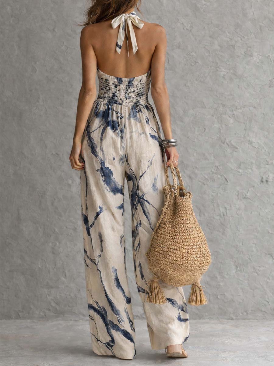 Carol Halter Neck Ink Wash Print Wide Leg Jumpsuit With Pockets