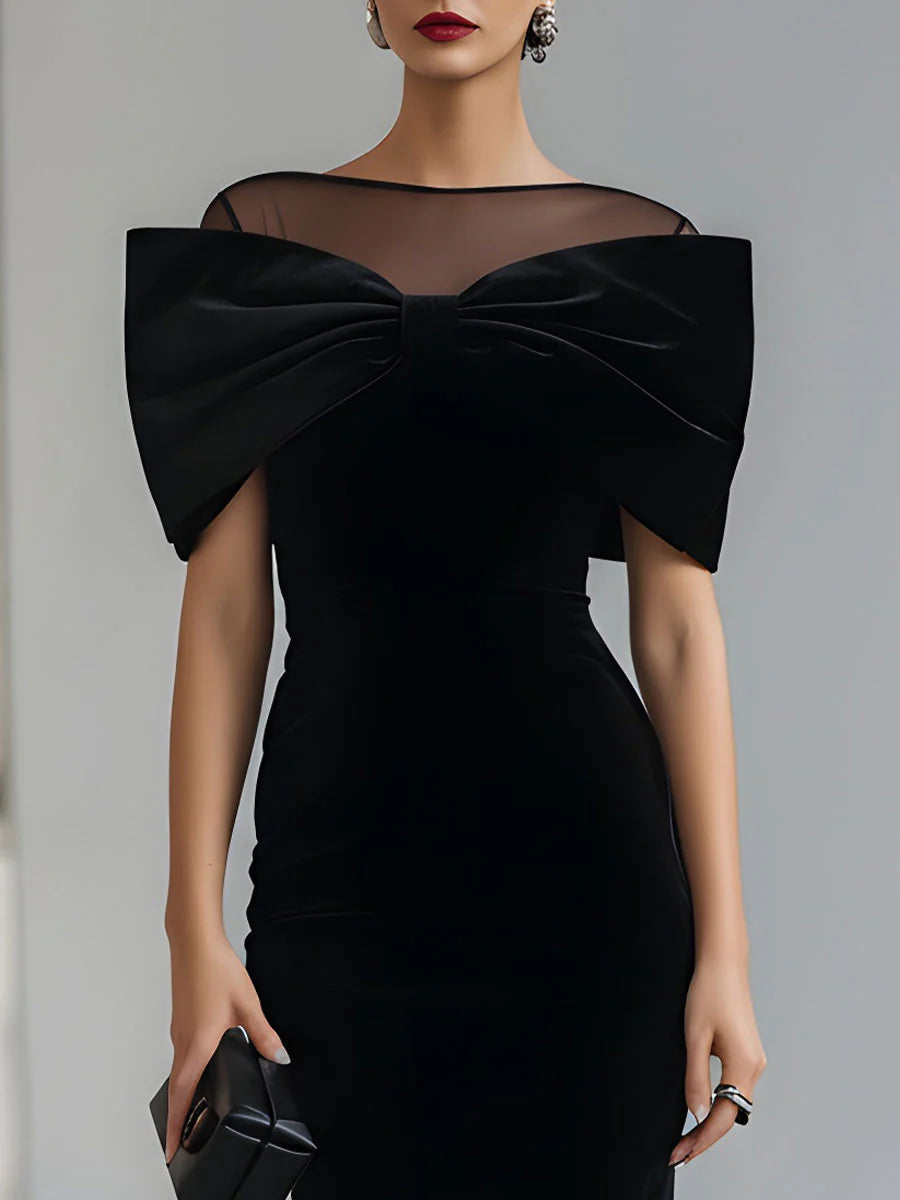 Vivienne | Black Velvet Bow Midi Dress