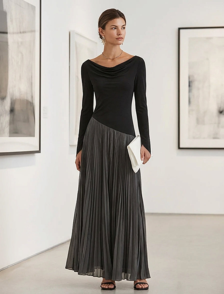 Jade -  Minimalist Two-Tone Color-Block Maxi Dress With Drape Neckline