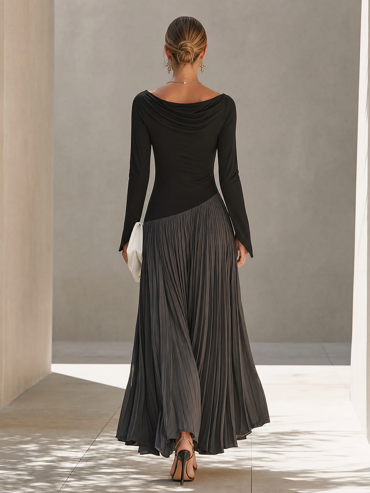 Jade -  Minimalist Two-Tone Color-Block Maxi Dress With Drape Neckline