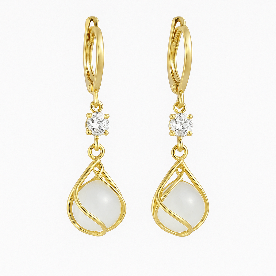 Gold Wire Wrapped White Opal Drop Earrings