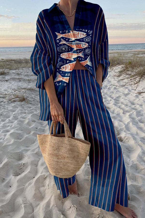 Zairine - Linen Set with Blue Koi Print