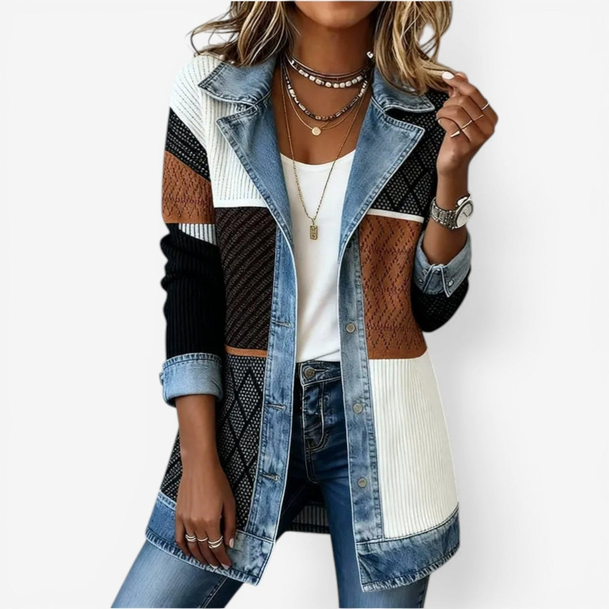 Soretta | Textured Denim-Trim Open-Front Jacket