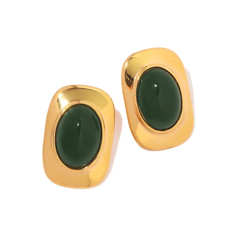 Vintage 18K Gold Plated Green Opal Oval Earrings