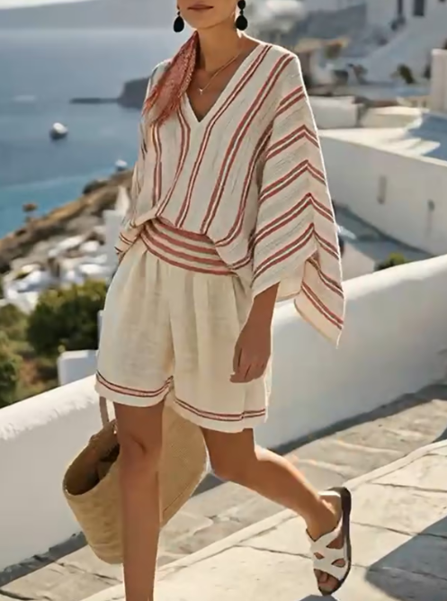 Short linen set with striped detail