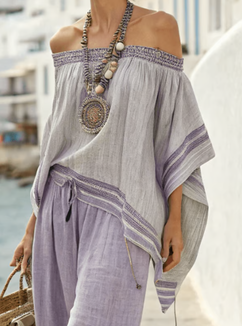 Two-Piece Linen Set with Off-Shoulder Design