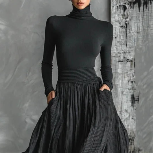 ALINA – ELEGANT HIGH-NECK FLOWY MAXI DRESS
