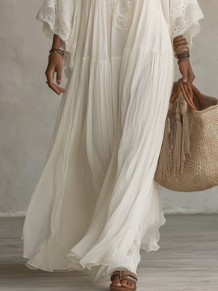 Brooke | White Lace V-neck Batwing Sleeve Chiffon Maxi Dress