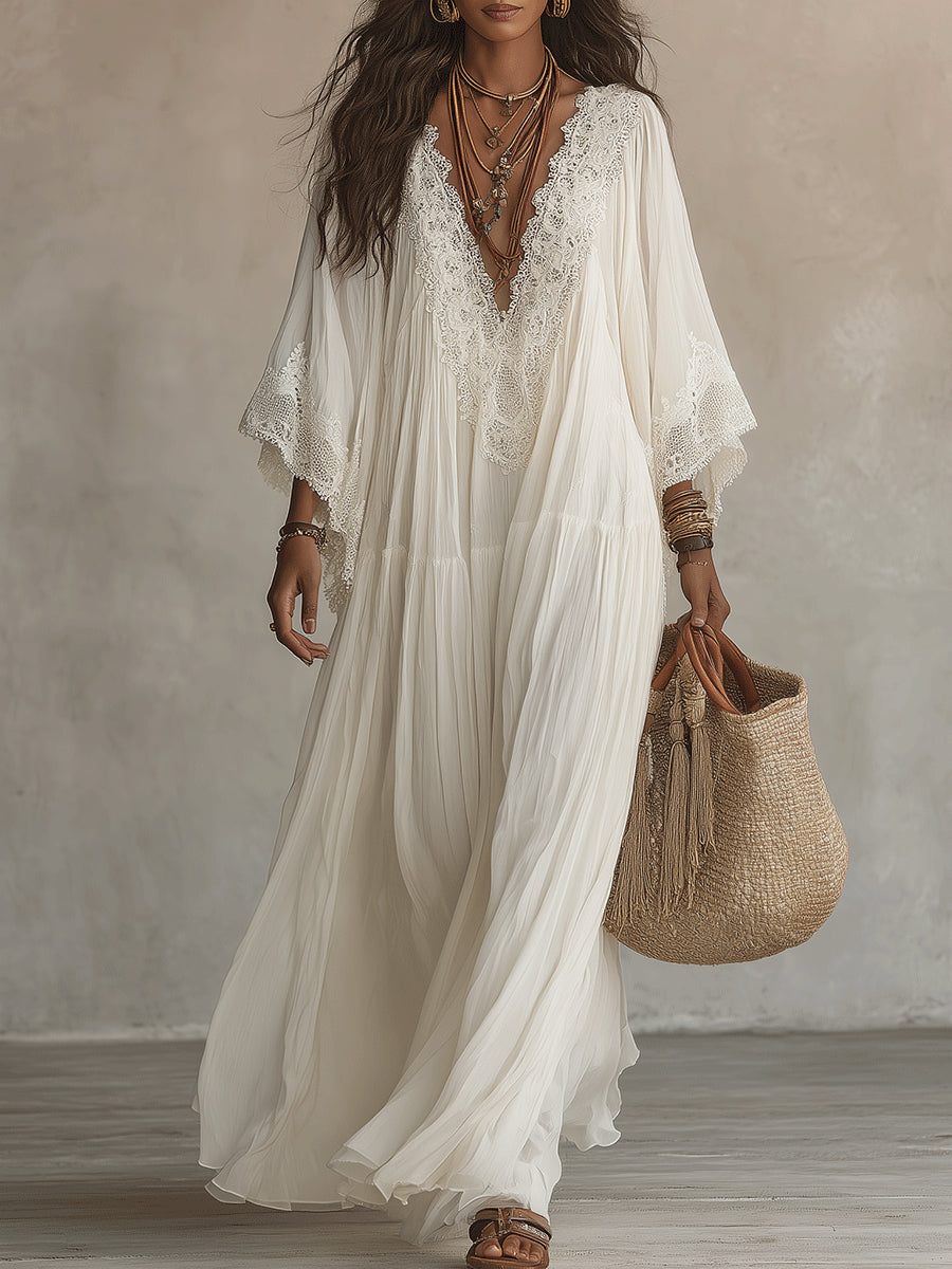 Brooke | White Lace V-neck Batwing Sleeve Chiffon Maxi Dress