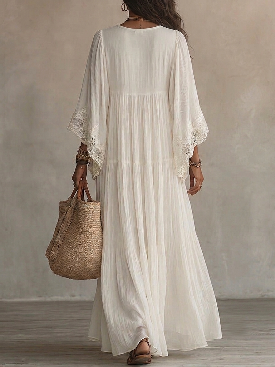 Brooke | White Lace V-neck Batwing Sleeve Chiffon Maxi Dress
