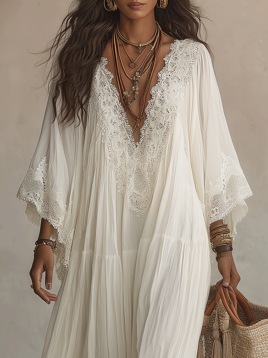 Brooke | White Lace V-neck Batwing Sleeve Chiffon Maxi Dress