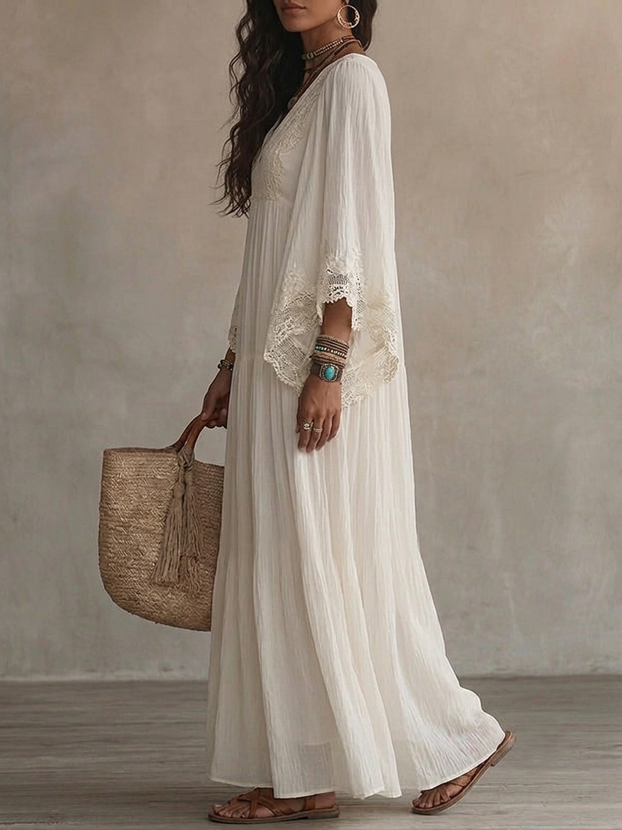 Brooke | White Lace V-neck Batwing Sleeve Chiffon Maxi Dress