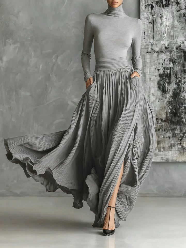 ALINA – ELEGANT HIGH-NECK FLOWY MAXI DRESS