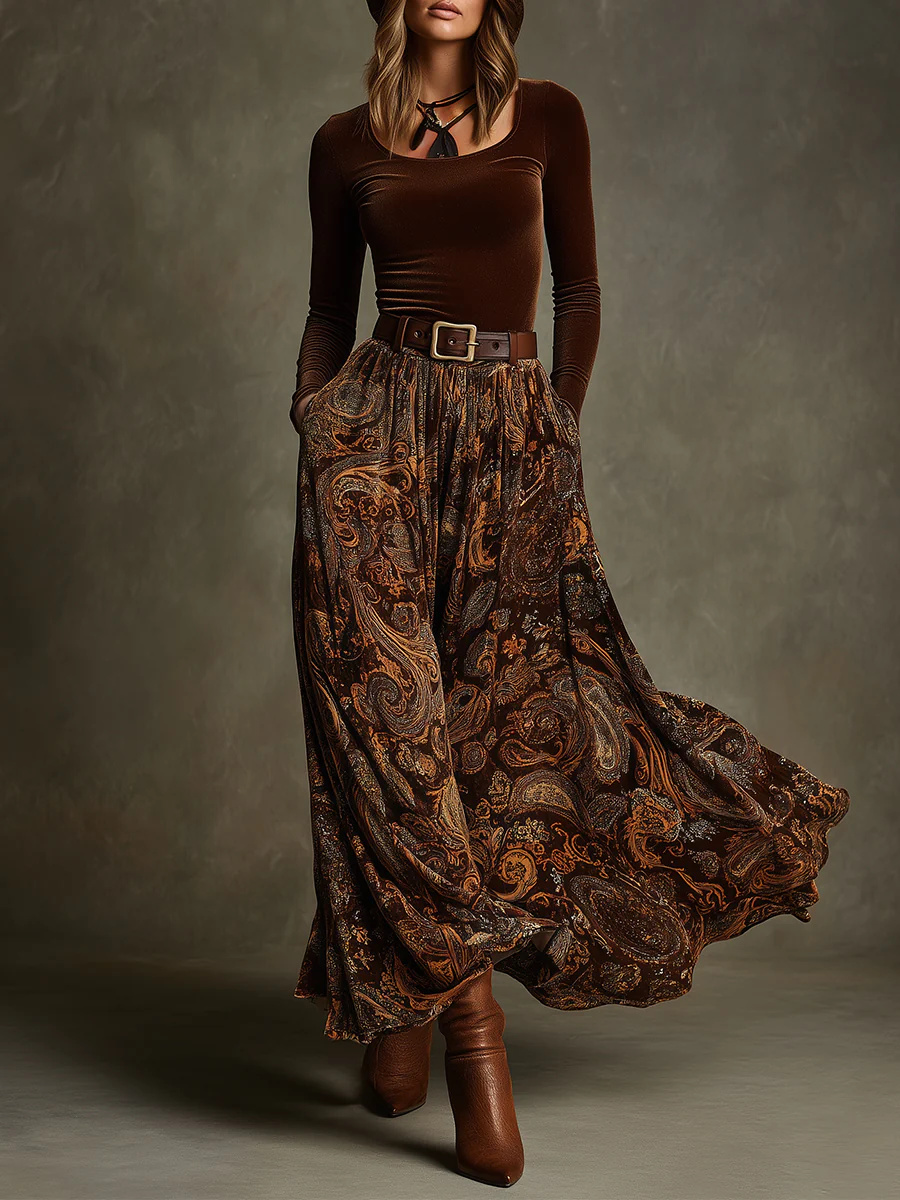 Amara Velvet Top and Paisley Maxi Skirt Set
