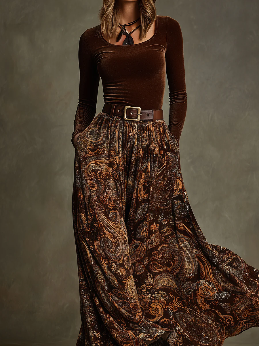 Amara Velvet Top and Paisley Maxi Skirt Set
