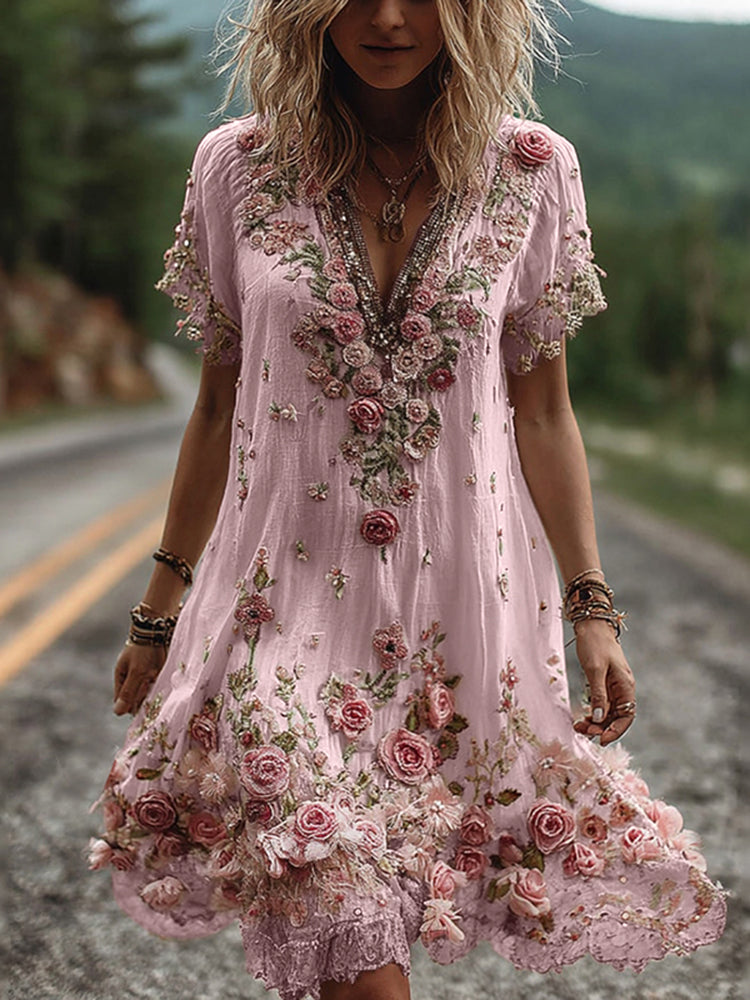 RUBY – BLOSSOM EMBROIDERED V-NECK DRESS