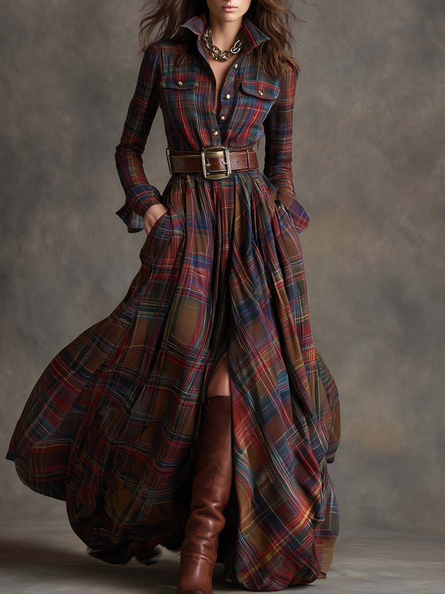 Giulia - Long plaid dress in reddish-brown with collar and retro ethnic style