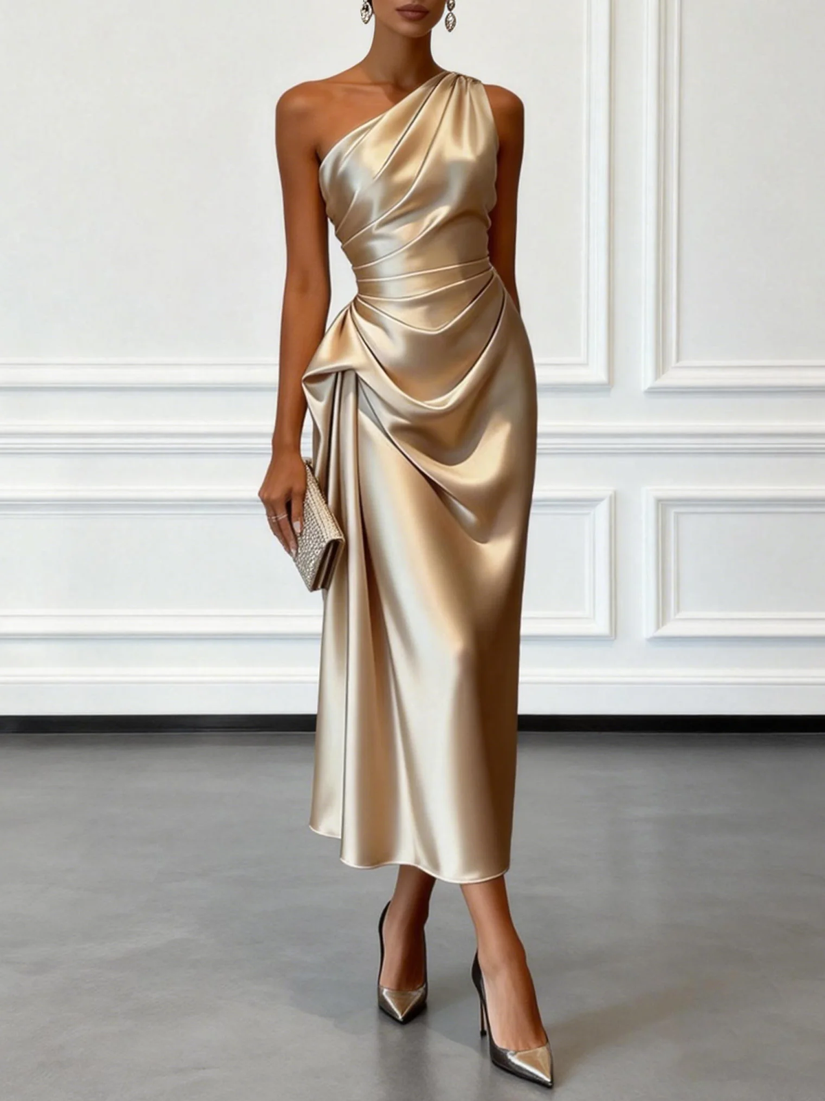 Amelia - Champagne Satin One-shoulder Sleeveless Ruffled Midi Dress