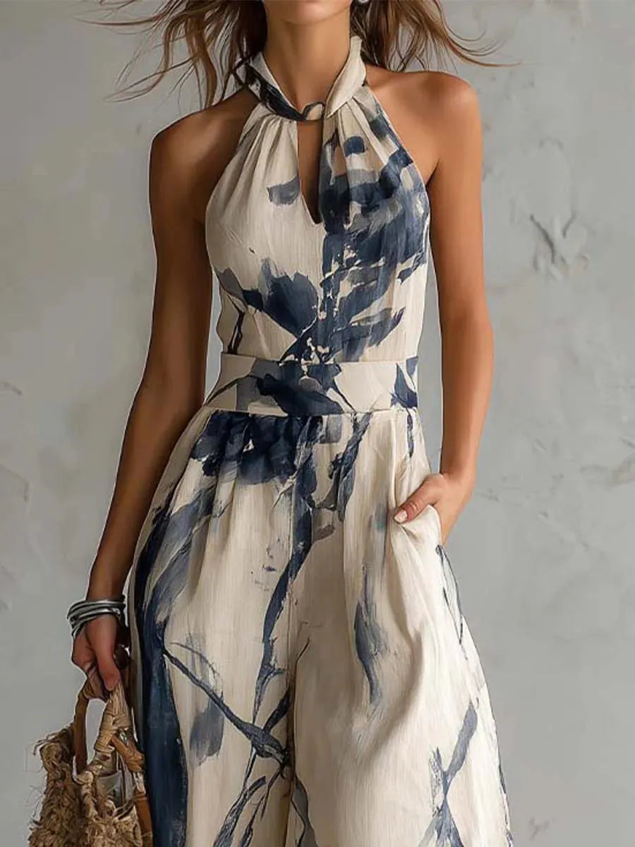 Carol Halter Neck Ink Wash Print Wide Leg Jumpsuit With Pockets