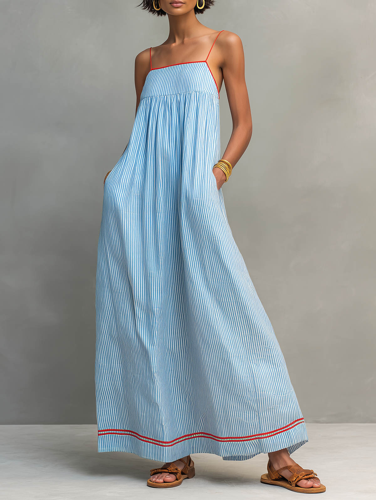 Women's Minimalist Sleeveless Backless Striped Maxi Dress With Red Trim And Spaghetti Straps