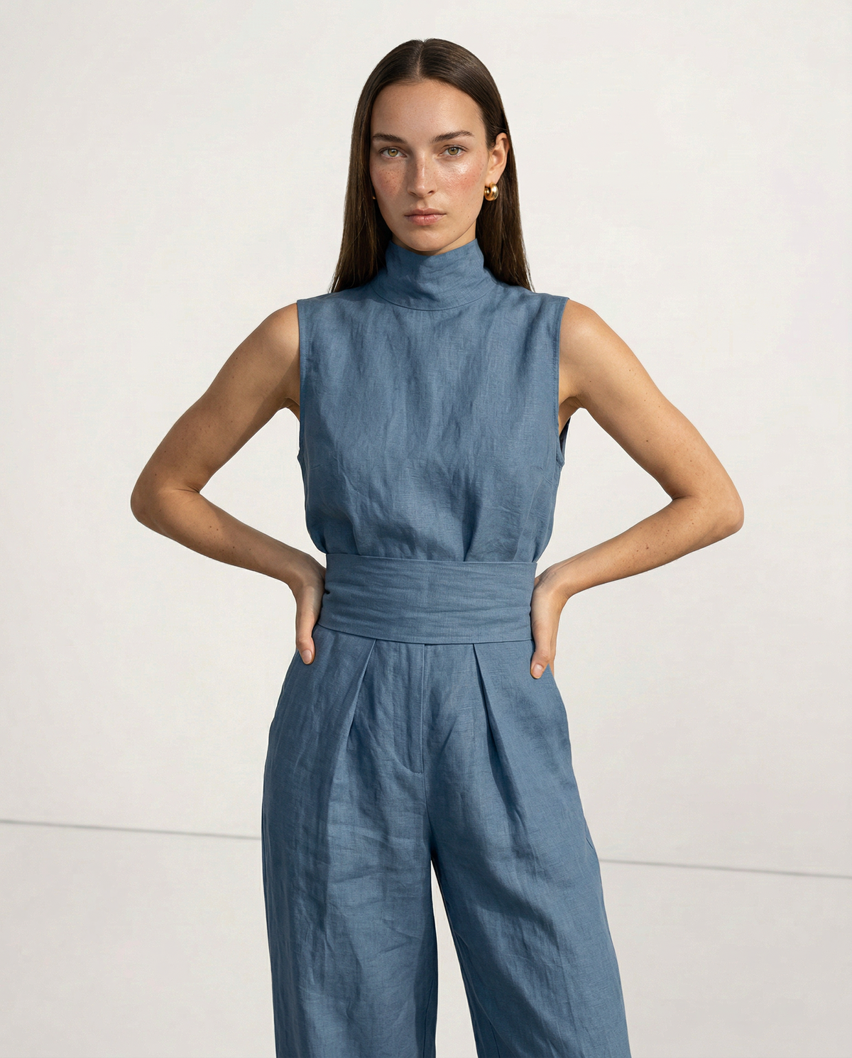 Linen Blend Mock Neck Trouser Set