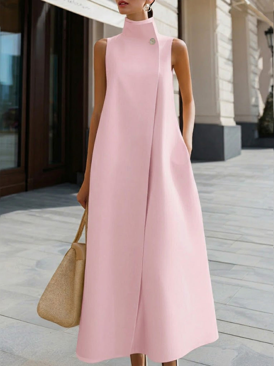 Fiona | Solid Color Stand Collar Sleeveless Casual Loose Cotton Linen Dress