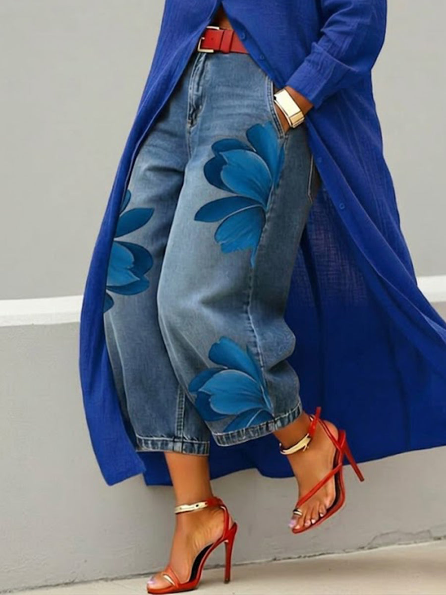 Casual Wide-Leg Floral Artistic-print Jeans