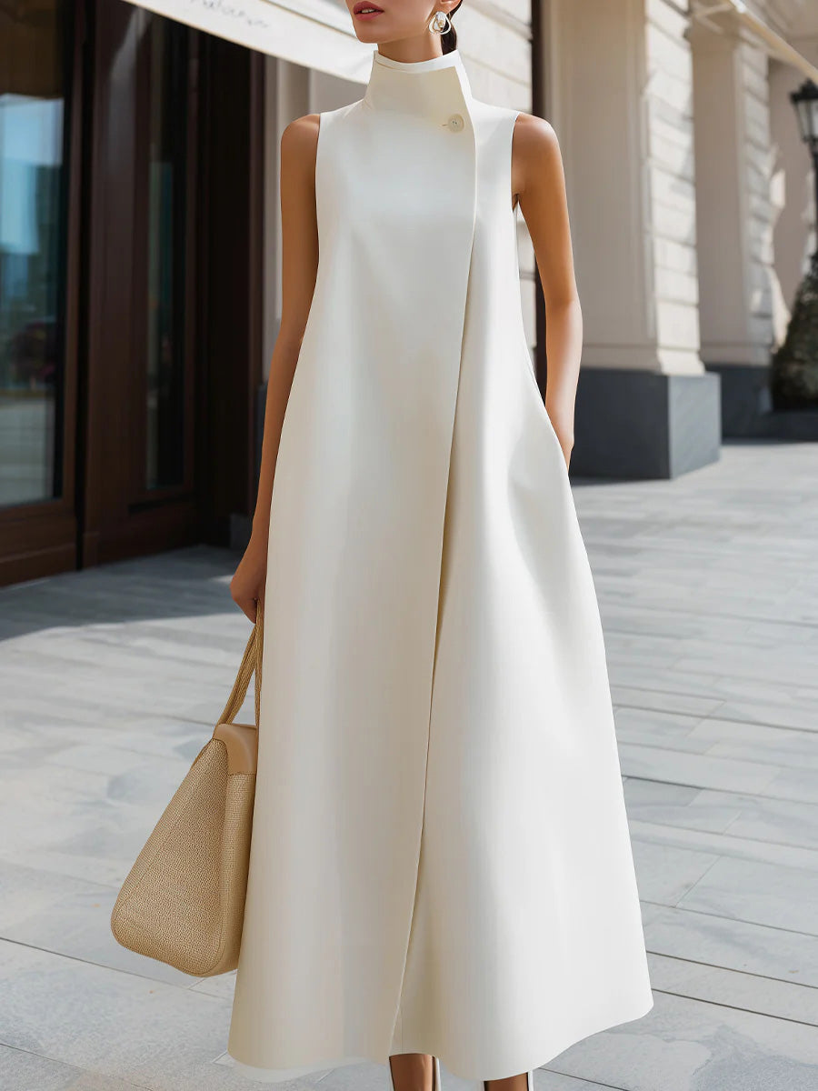Fiona | Solid Color Stand Collar Sleeveless Casual Loose Cotton Linen Dress