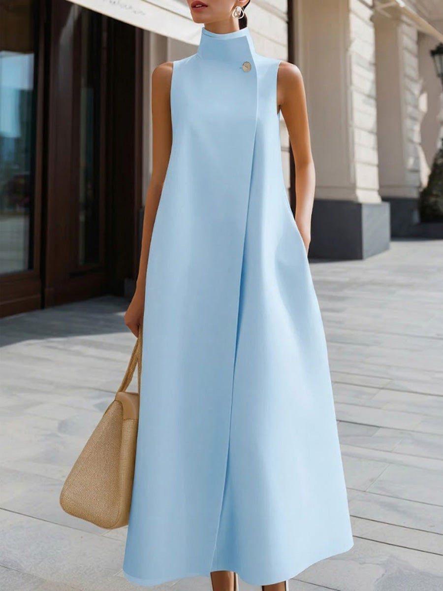 Fiona | Solid Color Stand Collar Sleeveless Casual Loose Cotton Linen Dress