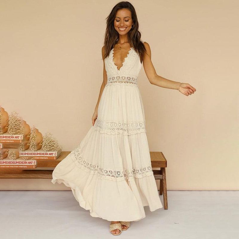 Nancy – Lace Back Maxi Dress with V-Neck