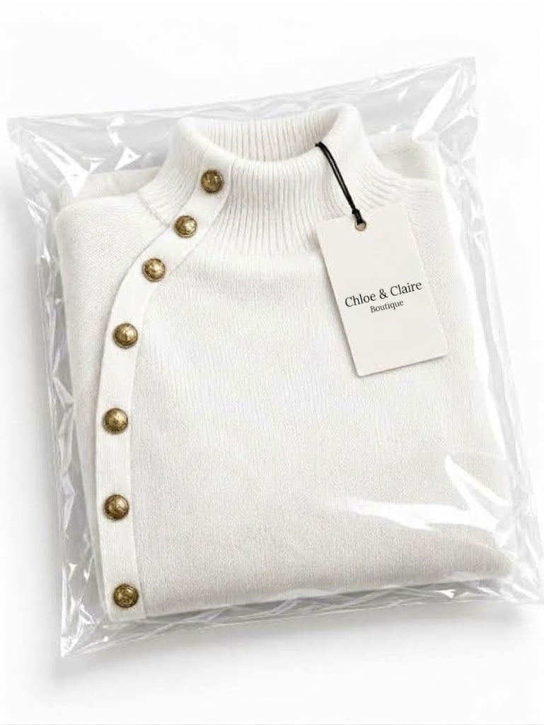 Chic Elegant Asymmetrical Button Turtleneck Sweater