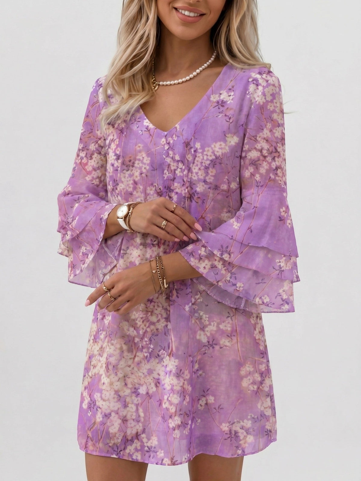 Women's Marble Print Mini Dress | Flowy Relaxed Summer Dress with Flare Sleeves